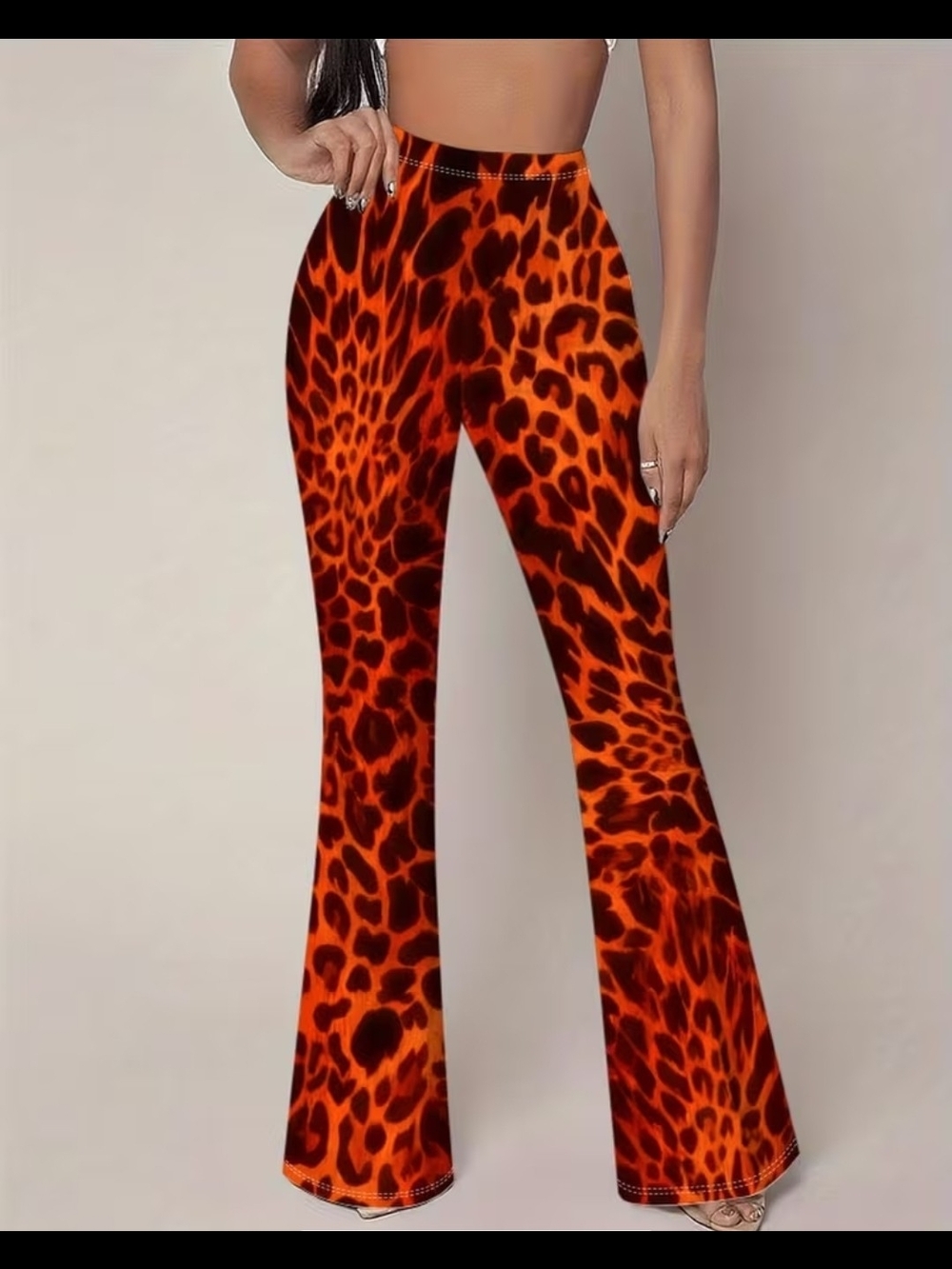 Trendy Retro Orange Leopard Wide Leg Flare Bottom Pants